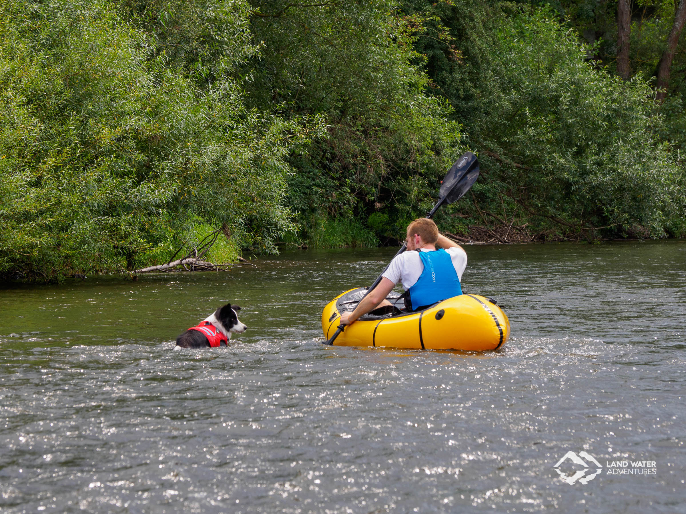 Bathing packarftingog at Nahe © Land Water Adventures